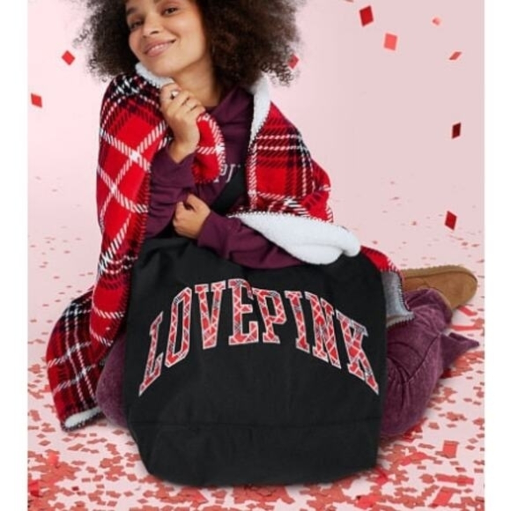 PINK Victoria's Secret Black Tote with Red Plaid Love Pink
